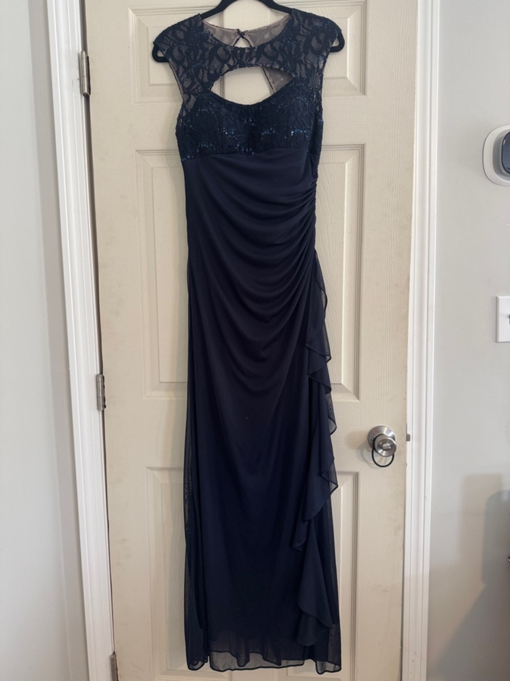 Betsy & Adam Navy Lace-Top Maxi Evening Gown